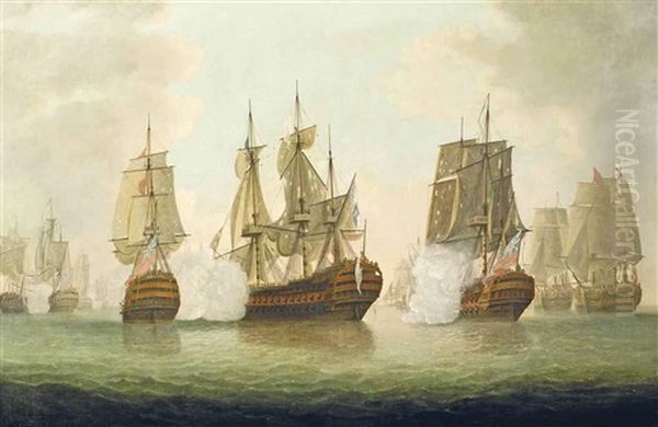 The Battle Of The Saintes, 12th April 1782: The French Flagship Ville De Paris Striking Her Colours To H.m.s. Barfleur Oil Painting by William Elliott
