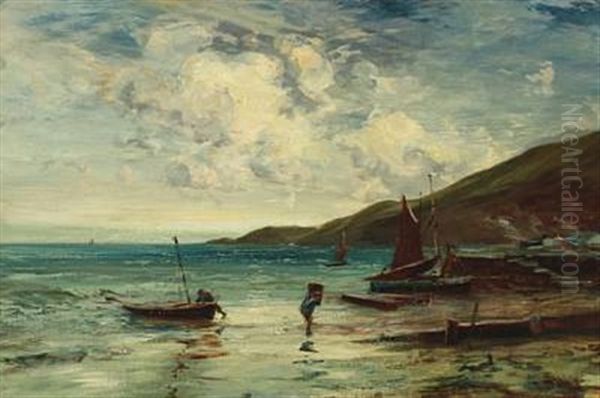 Fishermen On The Beach Oil Painting by Edwin John Ellis