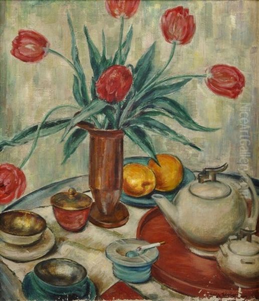 Stillleben Mit Gedecktem Tisch Und Tulpenstraus Oil Painting by Ernst Elster