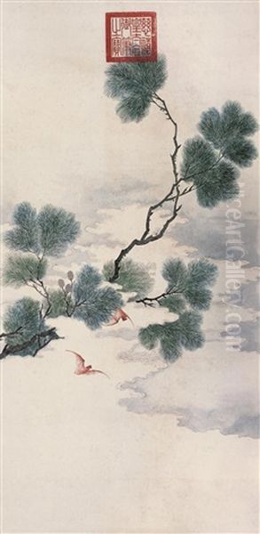Bat And Pine Oil Painting by  Empress Dowager Cixi