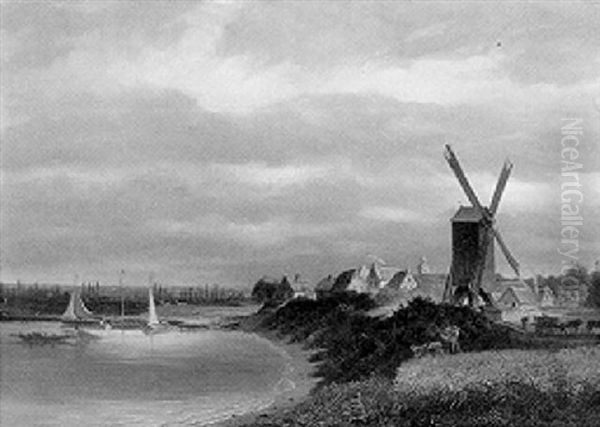 A View Of A Town Along A River Oil Painting by Willem Jodocus Mattheus Engelberts