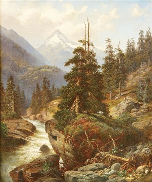 Alpine Stream With Goat Herder And Goats Oil Painting by Georg Engelhardt