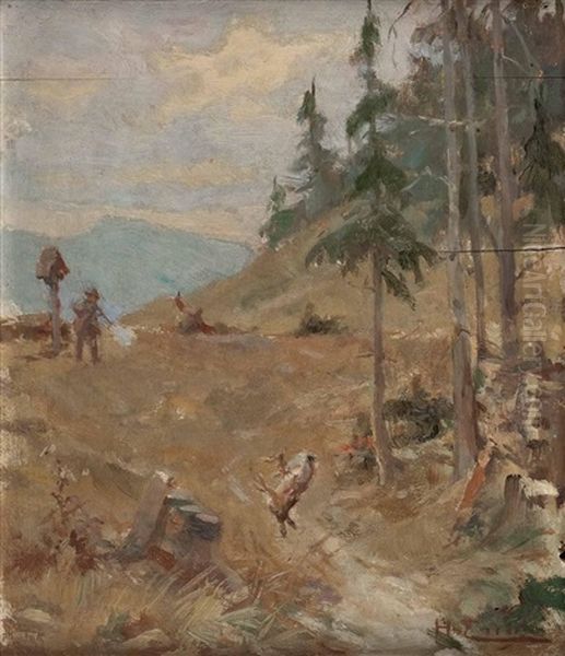 Der Todliche Schuss Auf Den Hasen Oil Painting by Hugo Engl