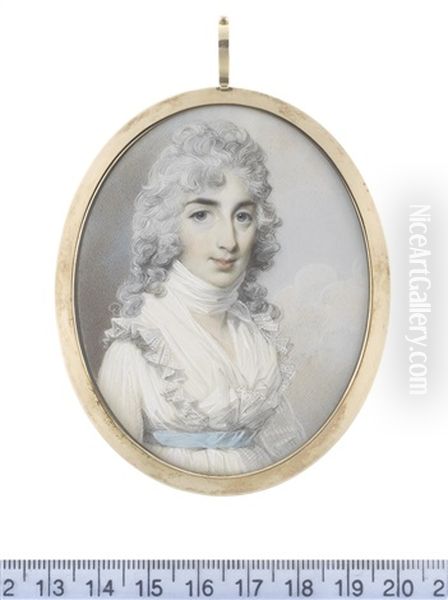 A Lady, Wearing White Dress With Frilled Trim, White Fichu And Neck Scarf, A Sky Blue Sash At Her Waist, Her Powdered Wig Worn A La Conseilleur Oil Painting by George Engleheart