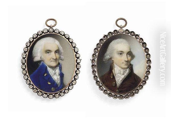 A Double-sided Portrait Miniature Of An Elderly Gentleman In Blue Coat With Brass Buttons, Powdered Hair, And A Young Gentleman In Brown Coat, Knotted Cravat, Powdered Hair Oil Painting by George Engleheart