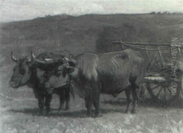 Oxen And Cart In The Field Oil Painting by John Joseph Enneking