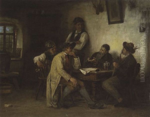 Bauern Am Tisch Im Gesprach Oil Painting by Rudolf Epp