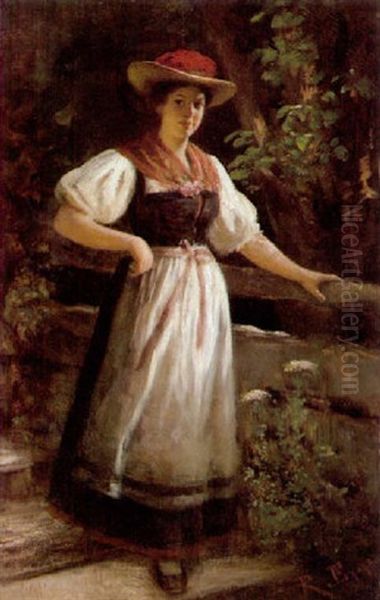 Schwarzwalder Bauernmadchen In Gutachter Tracht Oil Painting by Rudolf Epp