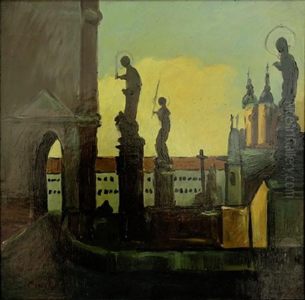 Prague Cityscape Oil Painting by Adalbert Erdelyi