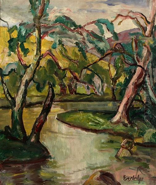 River In Uzhhorod Oil Painting by Adalbert Erdelyi