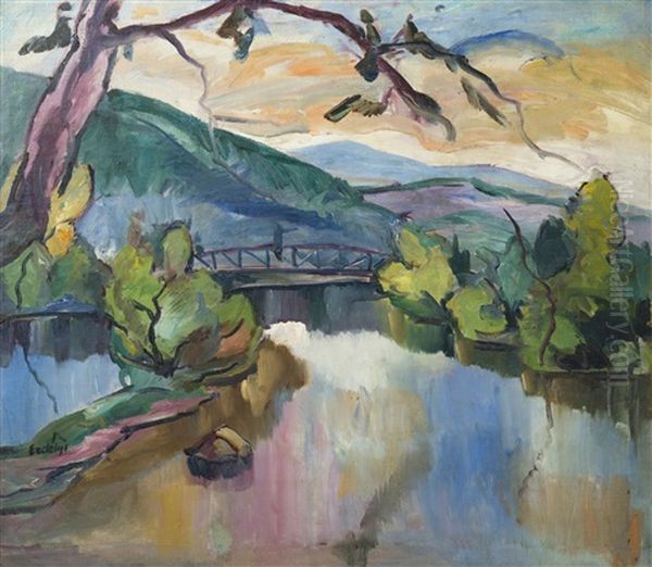 Landscape With River Oil Painting by Vojtech Erdelyi