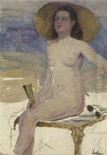 Weiblicher Akt Mit Sonnenhut Und Facher by Fritz Erler
