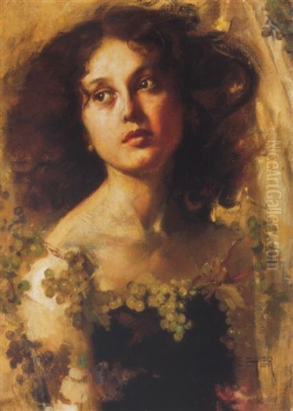 Leany Szolok Kozott (girl With Grapes) Oil Painting by Erich Erler-Samedan