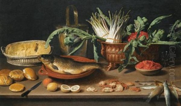 Still Life With A Fish On A Terracotta Plate, Bunches Of Asparagus, Artichokes, And Cherries In A Dish, Together With Half A Cheese In A Basket, Bread Rolls, Fraises De Bois, Lemons, Oranges, And Crabs Oil Painting by Jacob Foppens van Es (Essen)