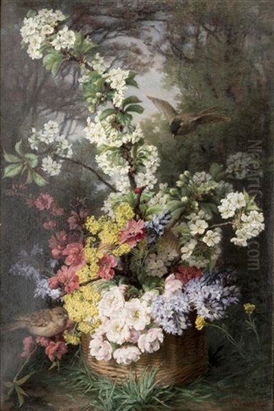 'arrangement Floral Printanier Dans Un Panier Pose Dans Un Paysage Avec Oiseaux' Oil Painting by Eleonore Escallier