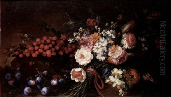 A Still Life Of Strawberries, Plums And A Bouquet Of Flowers Tied With A Red Ribbon Oil Painting by Benito Espinos