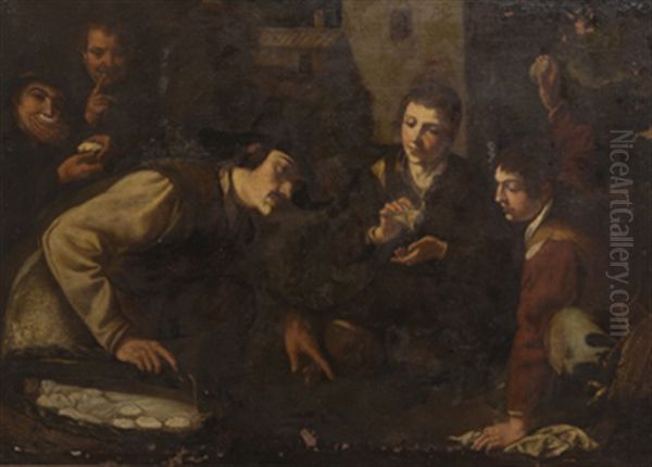 Tres Hombres Comiendo Pinones En Una Plaza Oil Painting by Jeronimo Jacinto Espinosa