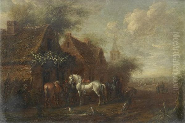 A Stag Hunt; And A Village With Horsemen Before A Blacksmith's (2) Oil Painting by Cornelisz van Essen