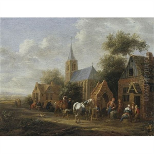 A Village Scene With Figures Conversing Before Cottages And Horses Eating From Mangers Oil Painting by Cornelisz van Essen