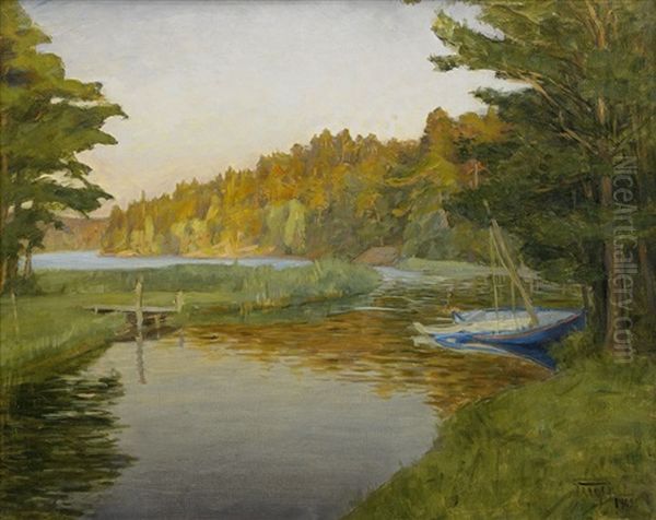 Landskap Med Strandad Segelbat Oil Painting by Prince (Napoleon Nicolaus) Eugen