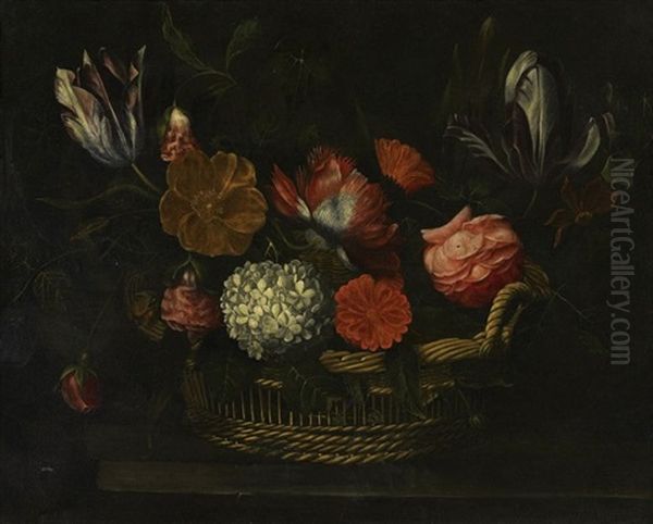 Bouquet De Fleurs Dans Une Corbeille Oil Painting by Frans Van Everbroeck