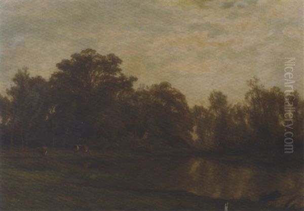 Cattle Grazing By A Lake Oil Painting by Adrianus van Everdingen