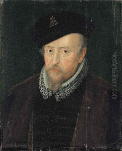 Portrait Of Mary I, Queen Of England (1516-1558), Three-quarter-length, In A Red And Gold Brocade Dress Embellished With Jewels... Oil Painting by Hans Eworth