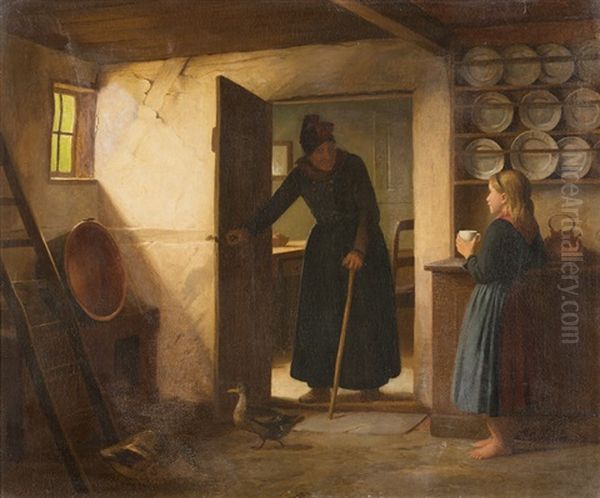 Grossmutter Mit Kind Und Ente Oil Painting by Johann Julius Exner