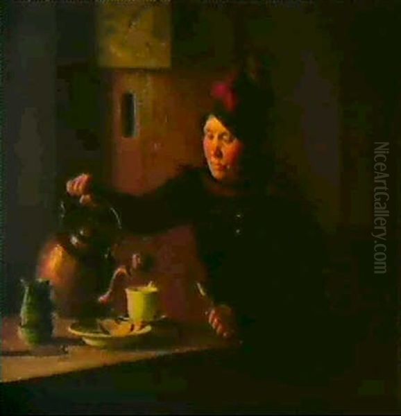 Interior Med Bondekone                                      Ved Kaffebordet Oil Painting by Johann Julius Exner