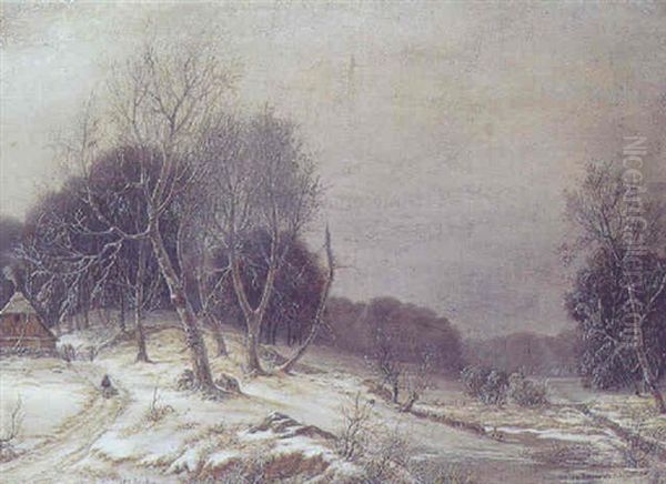 Vinterlandskap Med Hus I Skovens Udkant Oil Painting by Frederik Michael Ernst Fabritius de Tengnagel