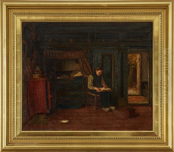Interior Med Lasande Man Oil Painting by Ferdinand Fagerlin