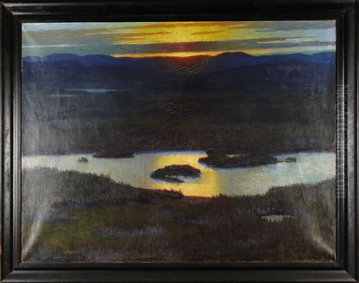 Solnedgang Over Fjallsjo Oil Painting by Johan Elias, Elis Aslund