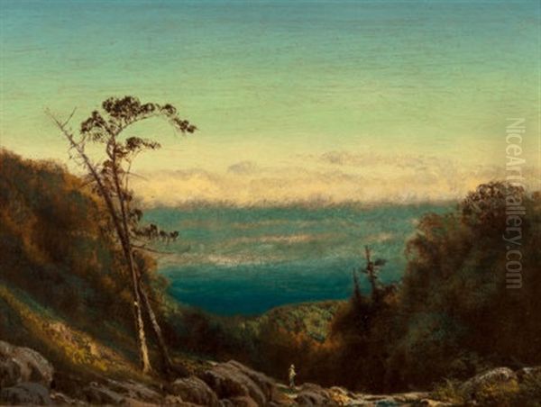 Man Fishing Before A Grand Landscape Oil Painting by James Fairman