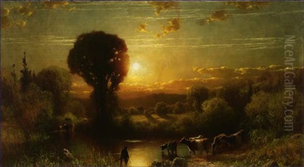 Late Sun Glow - Cows Watering Oil Painting by James Fairman
