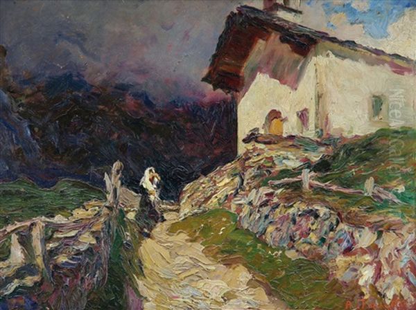 Paesaggio Con Figura E Chiesetta Oil Painting by Alberto Falchetti