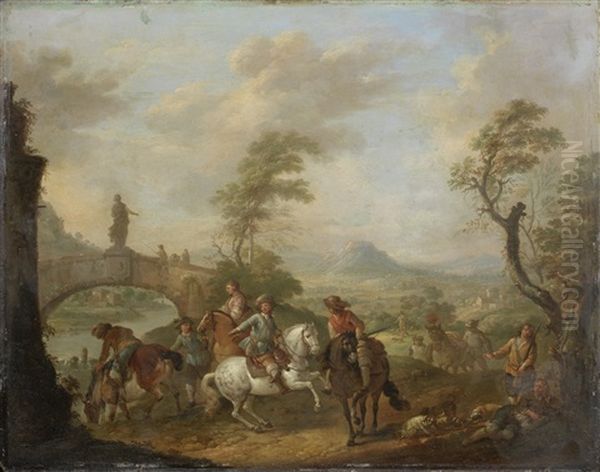 Figures On Horseback By A River, An Open Landscape Beyond Oil Painting by Carel van Falens or Valens