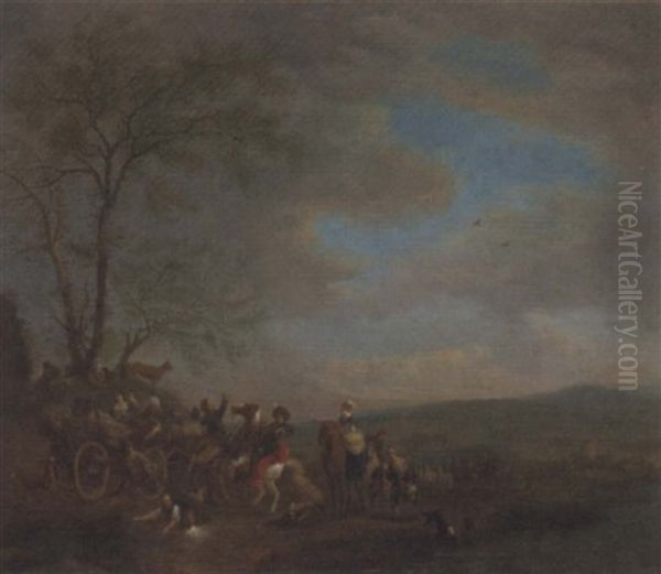 A Hawking Party Disputing With Travellers Oil Painting by Carel van Falens