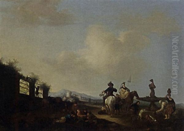 A Landscape With Horsemen, Figures And Dogs Gathered Around A Fountain, A Village In The Distance Oil Painting by Carel van Falens