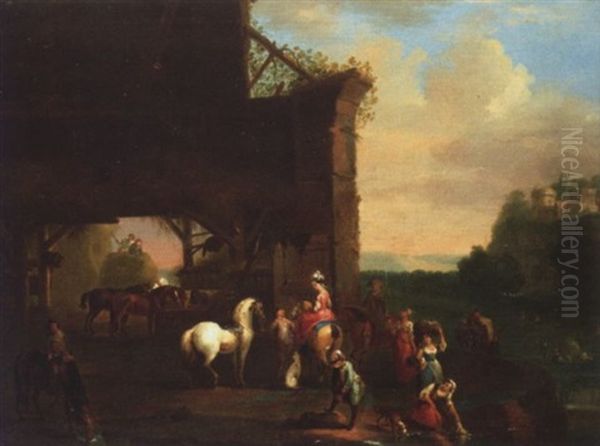 A Travelling Party Changing Horses Oil Painting by Carel van Falens