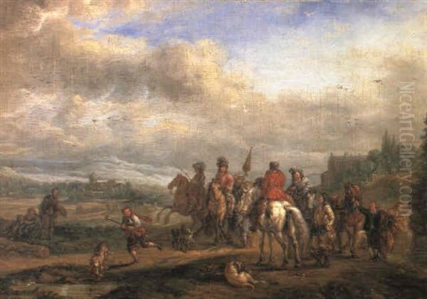 A Hawking Party  A Hunting Party At Rest Oil Painting by Carel van Falens