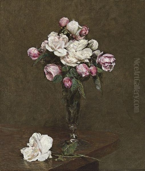Roses Blanches Et Roses Dans Une Flute A Champagne Oil Painting by Henri Fantin-Latour