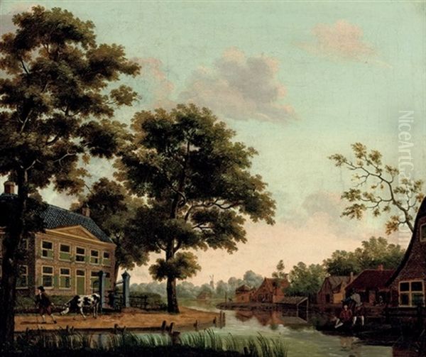 A Town Along A River With Figures Conversing And A Man Dragging A Cow On A Path Oil Painting by Paulus Constantijn la (La Fargue) Fargue