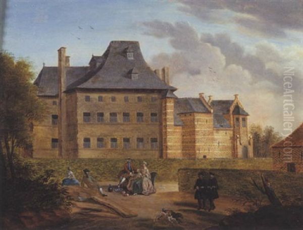 Elegants Personnages Dans Un Jardin Devant Un Manoir Oil Painting by Paulus Constantijn la (La Fargue) Fargue