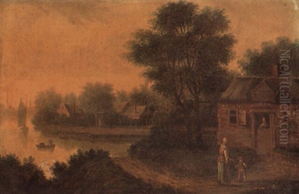 Wooded River Landscape With Figures Outside A Cottage Oil Painting by Paulus Constantin La Fargue