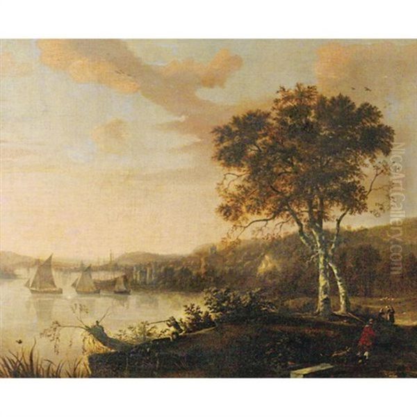 River Landscape With Hunters And A Port In Background Oil Painting by Richard Farrington