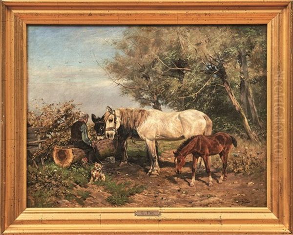 Bauer Mit Pferden Und Esel Bei Der Rast An Einer Tranke Oil Painting by Ludwig Benno Fay
