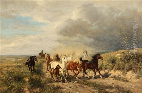 Horses And Herders Oil Painting by Ludwig Benno Fay