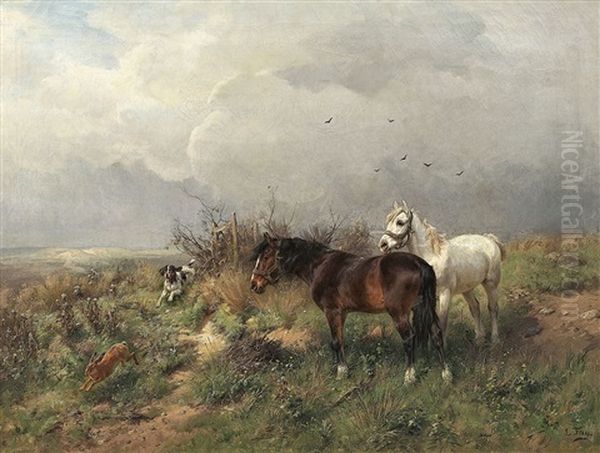 Landschaft Mit Zwei Pferden Und Jagdhund Oil Painting by Ludwig Benno Fay