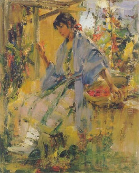 Pueblo Girl With Blue Shawl Oil Painting by Nicolai Ivanovich Fechin