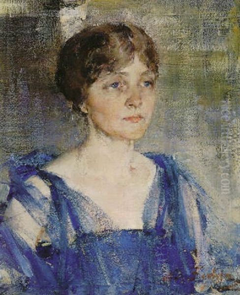 A Woman In Blue Oil Painting by Nicolai Ivanovich Fechin